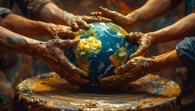 Hands shaping globe on pottery wheel symbolizing global unity and collaboration