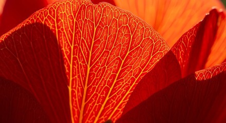 Fototapeta premium Macro View of Vibrant Red Flower Petal Veins Illuminated by Sunlight.