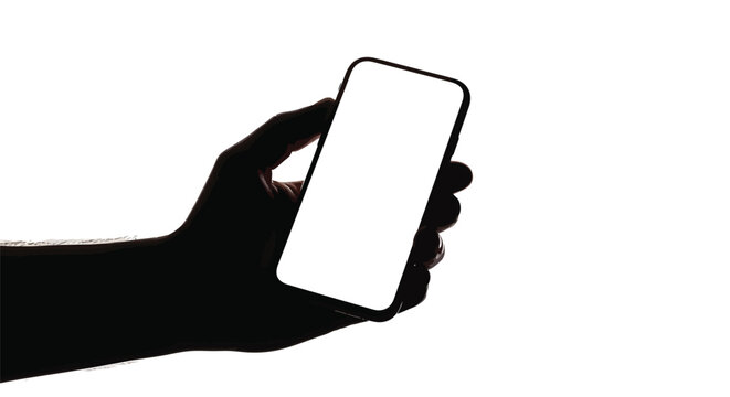 Hand holding a blank smartphone screen against a white background silhouette