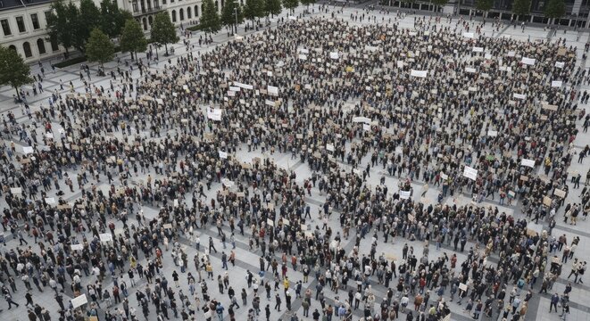 Large crowd of people gathered in a city square for a protest or public event.
