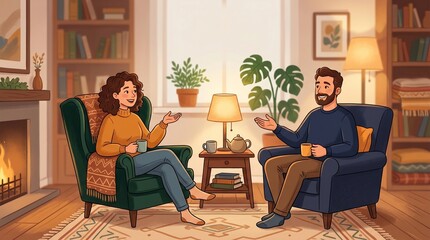 Fototapeta premium A cozy indoor scene of a couple is chatting together in the living room and having cup of tea