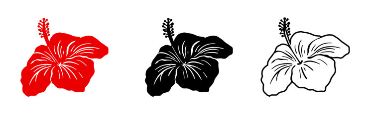 Naklejka premium Silhouette tropical black hibiscus vector flowers set. Floral monochrome illustration decal, decor, clipart, poster, sticker, template. Tea hibiscus.
