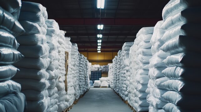 Vast warehouse filled with stacks of white bagged inventory, representing overproduction and consumerism