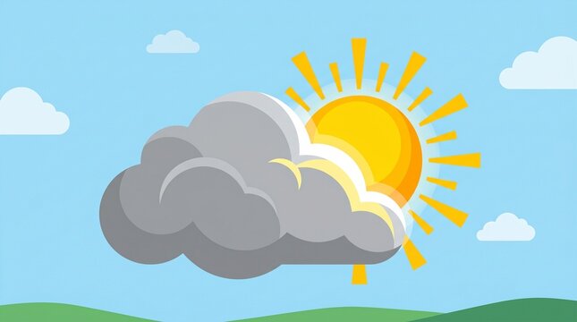 A beautiful view of a cloudy sky with the sun shining behind the clouds. The illustration highlights the contrast between sunlight and shade, the different weather conditions 