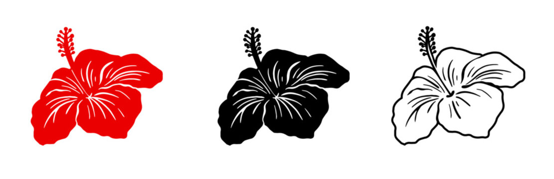 Silhouette tropical black hibiscus vector flowers set. Floral monochrome illustration decal, decor, clipart, poster, sticker, template. Tea hibiscus.