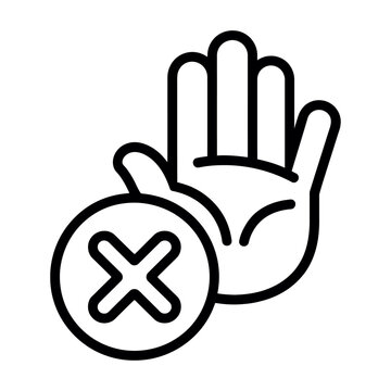 Vector hand icon with a palm facing outward and a circular symbol featuring a large x.