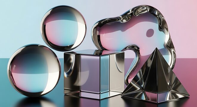 Shiny reflective glass crystal objects.