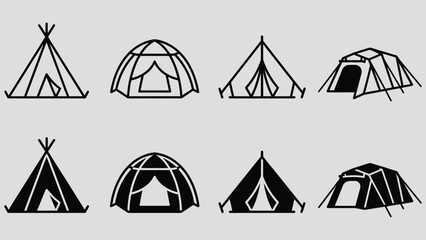 Camping tent icon set. Hiking camp vector graphic. Campground indicator. Shelter symbol. © Taspriya