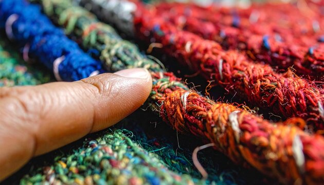 Hand touching colorful knitted wool fabric with soft focus texture background