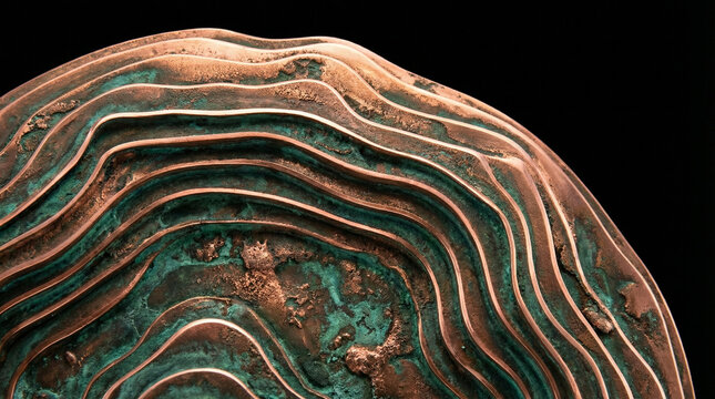 Close-up photograph of an abstract, weathered copper and verdigris metallic sphere with undulating layered textures, dramatically lit against a deep black background.