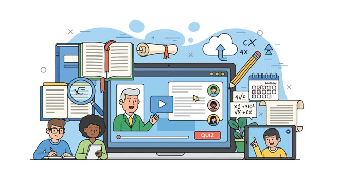 Online learning concept with diverse students engaging in a virtual classroom, featuring a teacher on a laptop screen, digital tools, and remote education.