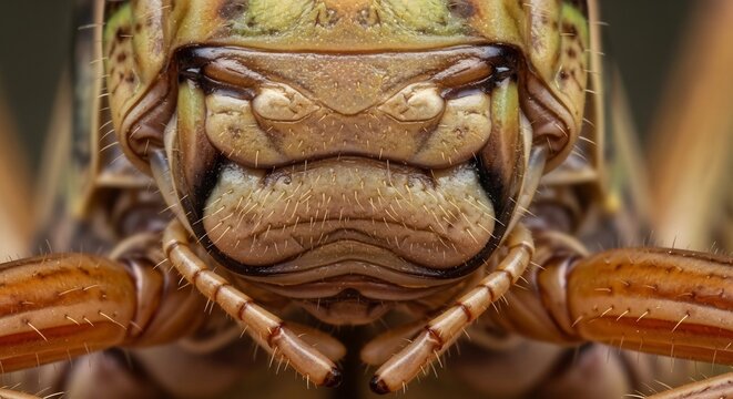 Extreme Close Up Macro Shot of a Grasshoppers Face and Mandibles.