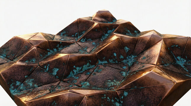 Abstract 3D topographical model sculpture crafted from patinated copper or bronze, featuring undulating layered contours and vibrant verdigris accents on a white studio pedestal.