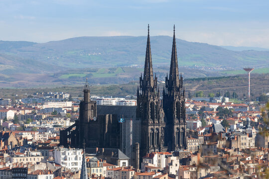 Clermont-Ferrand, France - telephoto shot of gothic cathedral in the center of the city