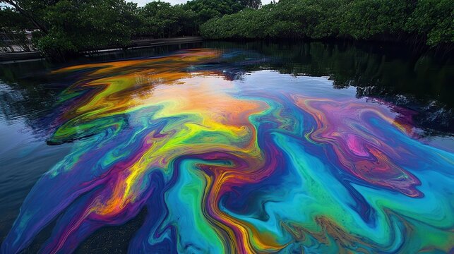 Vibrant toxic algae bloom spreads iridescent colors across the surface of a tree-lined lake.