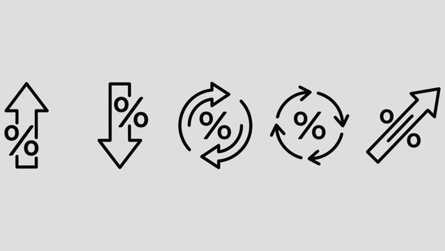 Arrow icon. Linear up, down and curved arrows with percent marks showing rate growth and decline vector graphic. Finance trend movement, market change analysis and economic data direction indicator.