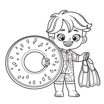 Cute cartoon boy in a swimsuit  holding an inflatable swimming ring and fins outlined for coloring page on white background