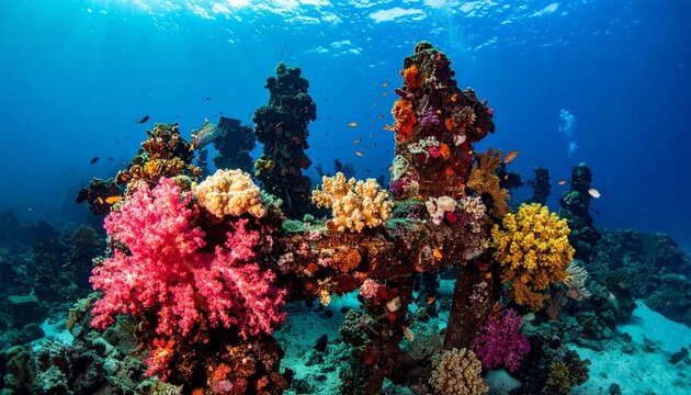 Vibrant coral reef restoration on artificial structures in clear ocean waters
