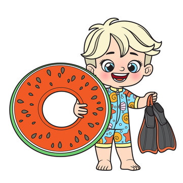 Cute cartoon boy in a swimsuit  holding an inflatable swimming ring and fins on white background