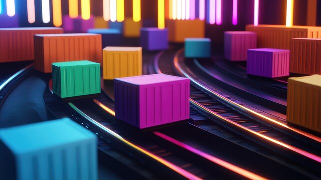 Colorful shipping containers on glowing tracks representing modern logistics and supply chain efficiency