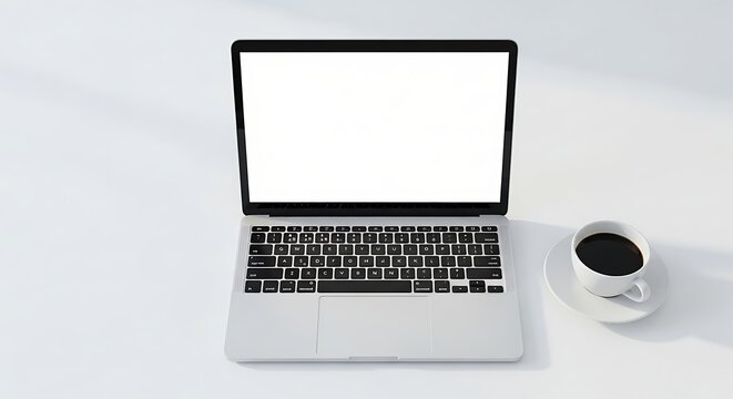 Modern Laptop with Coffee Cup on White Desk.