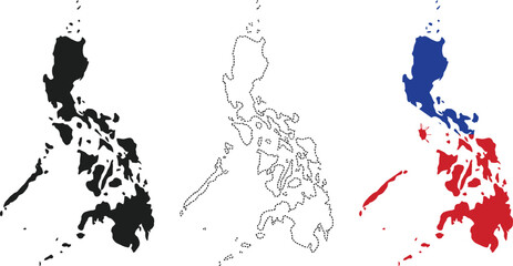 Philippines map flag. Silhouette, dotted outline and national flag versions of island country vector graphic. Southeast Asian geography and travel symbol. Political and patriotic indicator. © Asma 