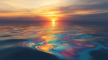 Fototapeta premium Vibrant sunset reflecting on polluted ocean waters showing iridescent oil slicks with a calm horizon