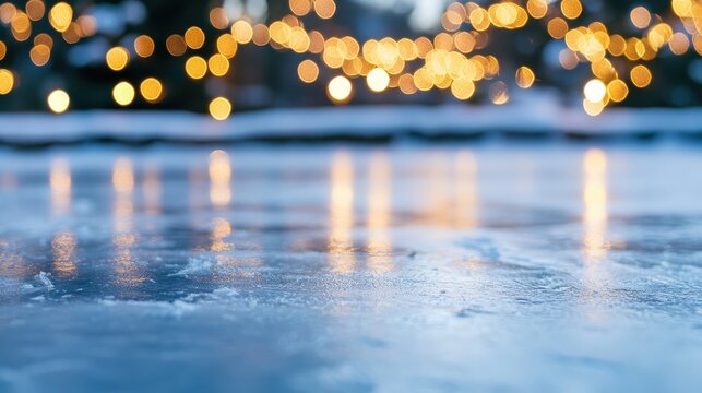 Warm Christmas Lights Reflecting on a Frozen Pond Surface in Soft Winter Bokeh