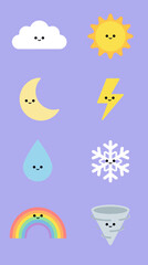 Naklejka premium Cute Kawaii Weather Icons Set with Smiling Faces, Sun, Cloud, Moon, Lightning, Raindrop, Snowflake, Rainbow and Tornado Vector Illustration Elements