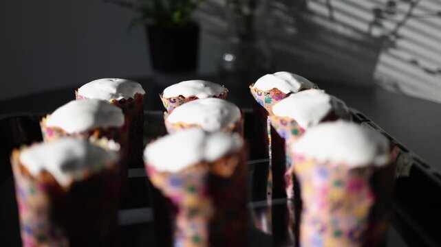 Symmetrical composition of easter cakes with white icing tops arranged in rows creating clean bakery aesthetic and festive mood