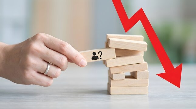 Hand pushing a wooden block causing a red arrow to fall