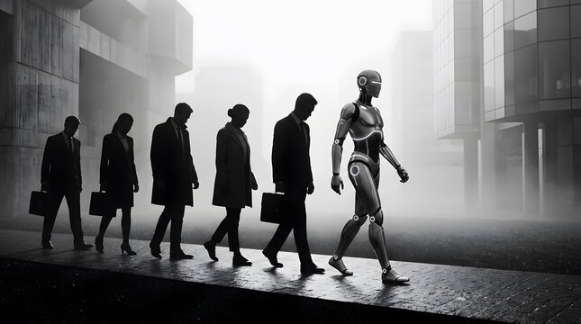 Silhouettes of workers and a robot walking outdoors