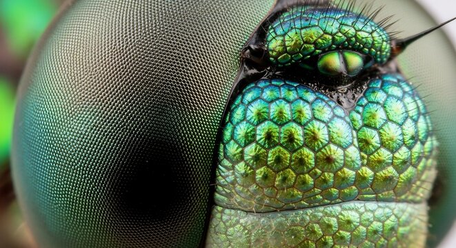 Extreme Macro Photography of a Dragonflys Compound Eye and Head.