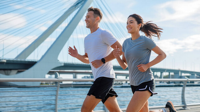 young couple running on the beach