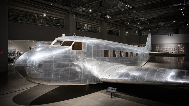 Close-up of a classic aluminum aircraft with subtle skin variations on display inside a museum.