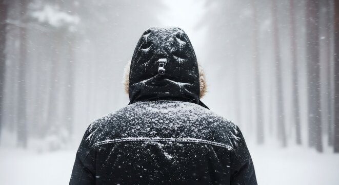 Man in winter coat covered in snow during heavy blizzard outdoors