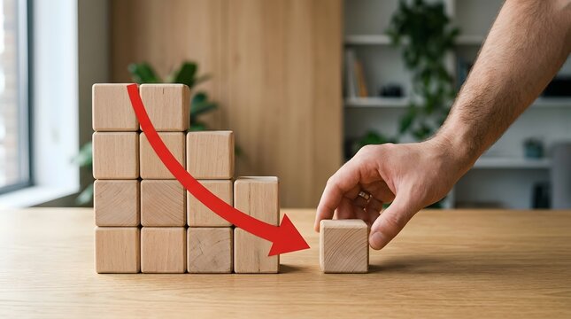 Hand knocking over wooden blocks with a red downward arrow