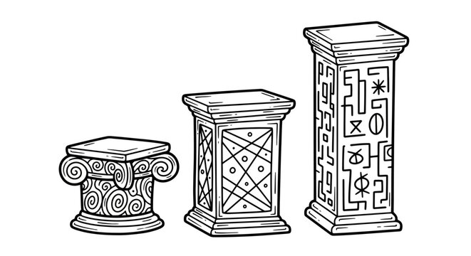 Set of artistic column pedestals with geometric and abstract patterns