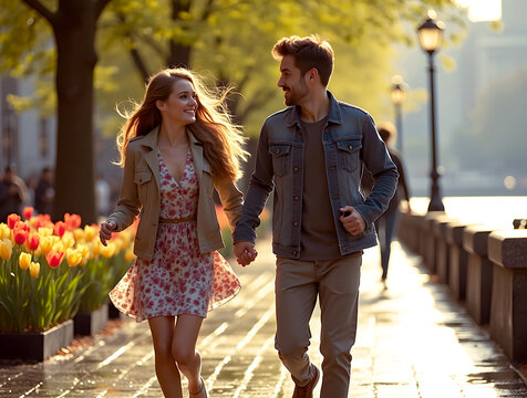 Young lovers walking in sunlit spring park.