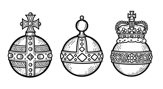Ornate monochrome globes with intricate patterns and regal crowns