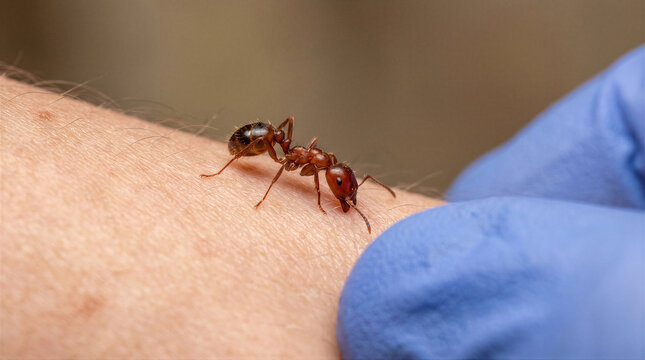 Closeup of a red imported fire ant crawling on human skin, held by a person wearing a blue nitrile glove for scientific observation