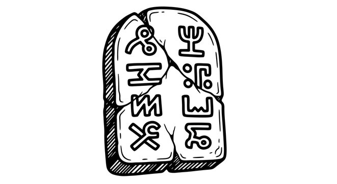 Black and white ancient symbols on cracked stone tablet