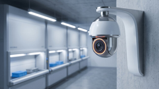 Modern security surveillance camera mounted on a concrete wall in a hightech industrial warehouse or laboratory facility
