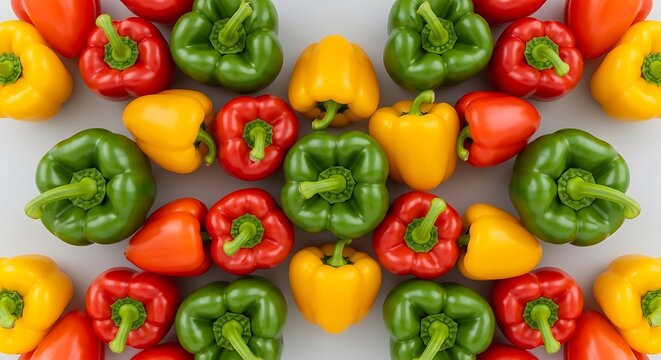 Colorful Bell Peppers Arranged Pattern Overhead View - Fresh Red, Yellow, and Green Vegetables on White Background. poivron vert