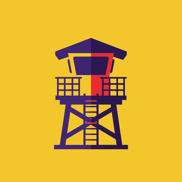 Minimalist Lifeguard Tower Illustration - Flat Design Beach Lookout Tower Vector on Yellow Background for Summer and Safety Concepts