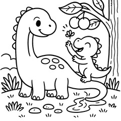 Obraz premium Cute Dinosaurs Eating Fruit – Kids Coloring Page Line Art
