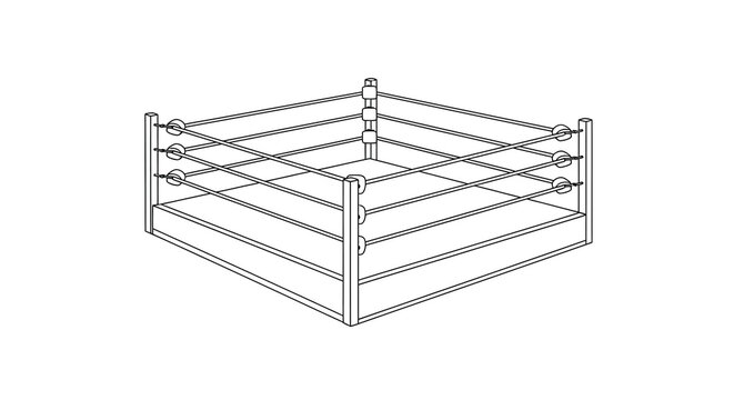 A minimalistic line drawing depicts a boxing or wrestling ring featuring corner posts and ropes high quality professional