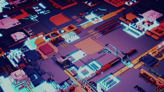 The animated microchip circuit reveals a complex network of glowing connections and geometric shapes. The animation conveys an atmosphere of high technology and cyberspace.