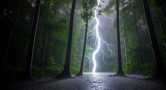 Lightning strikes through forest trees.