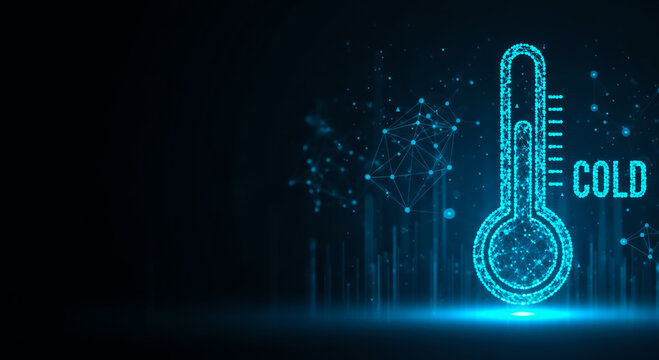 A glowing digital thermometer indicating cold temperature, set against a dark, futuristic background with abstract digital elements.